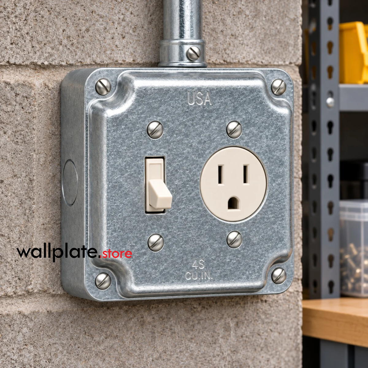 In Use Image for 4 Inch Square Raised Box Cover for Toggle Switch & Single Receptacle, 1.405 Inch Opening – Galvanized Steel installed on a 4x4 exposed metal electric box in a industrial setting.