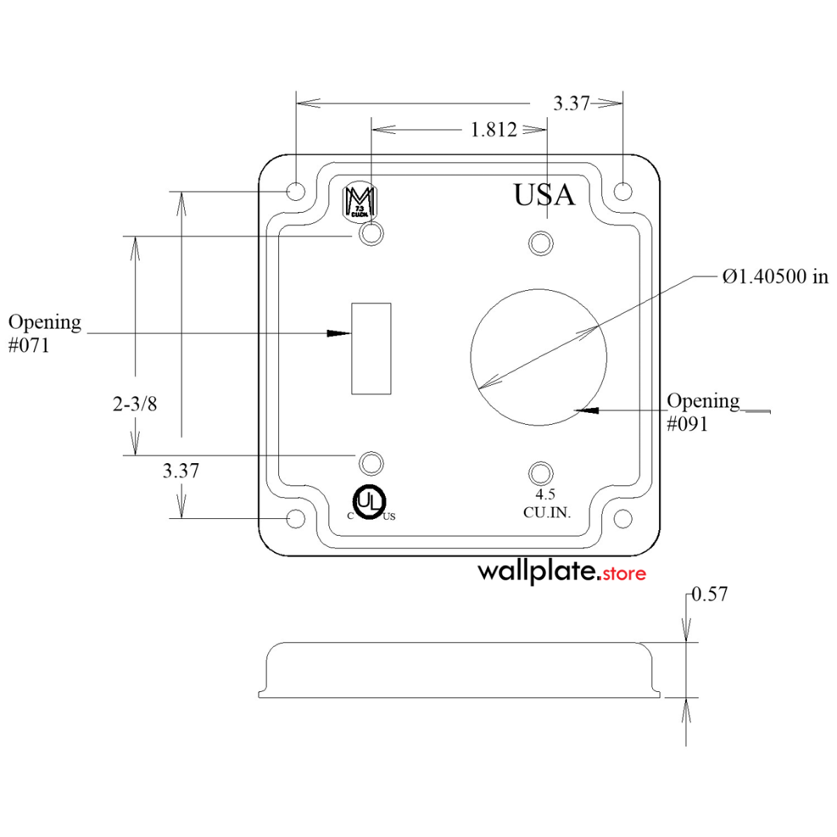 2-Gang, 4-Inch Square Size, 1 Toggle and 1 Single Receptacle Opening, Metallic Finish, Metal Raised Cover - Made in USA
