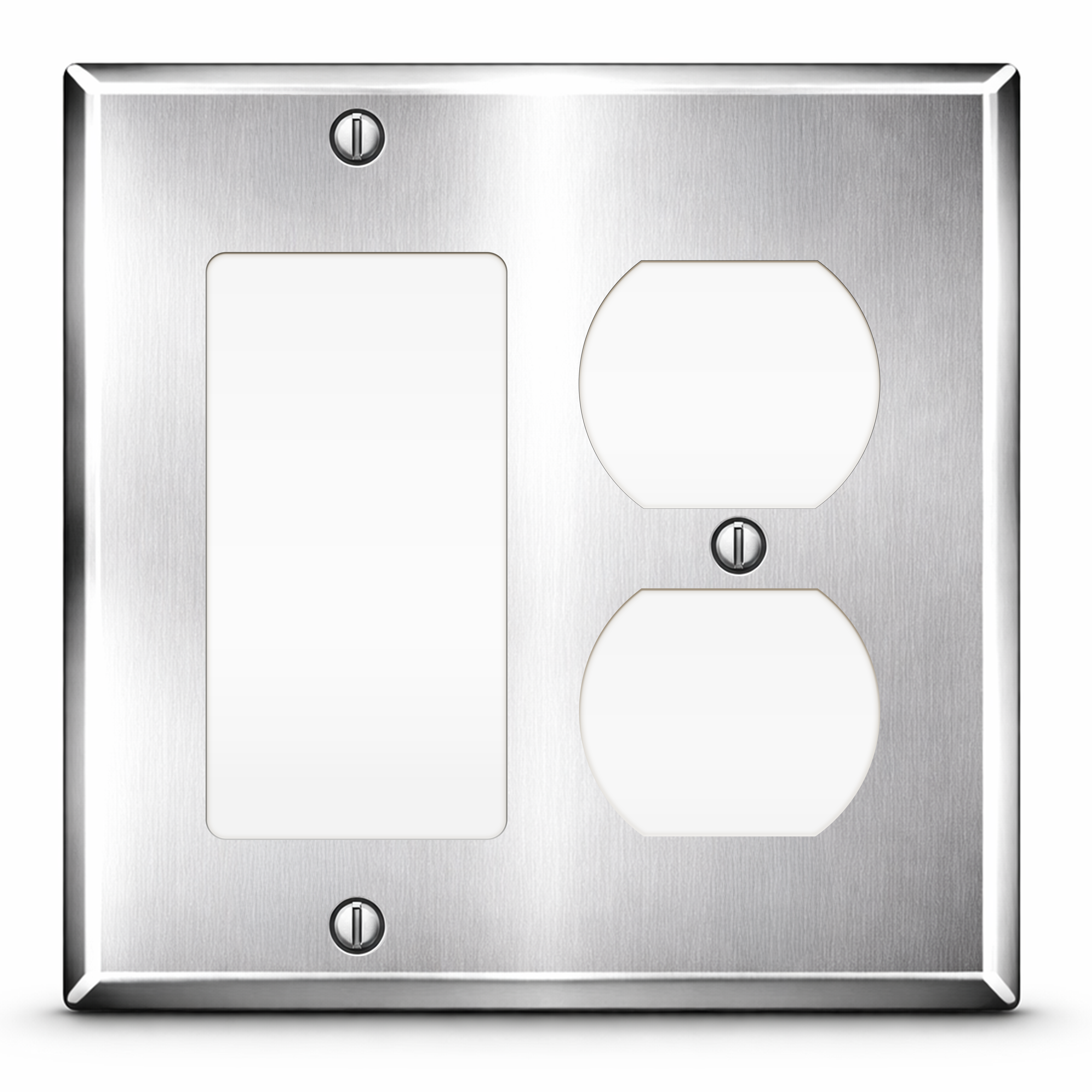 2 Gang with 1 duplex and 1 Rocker, standard size, Stainless Steel wallplate