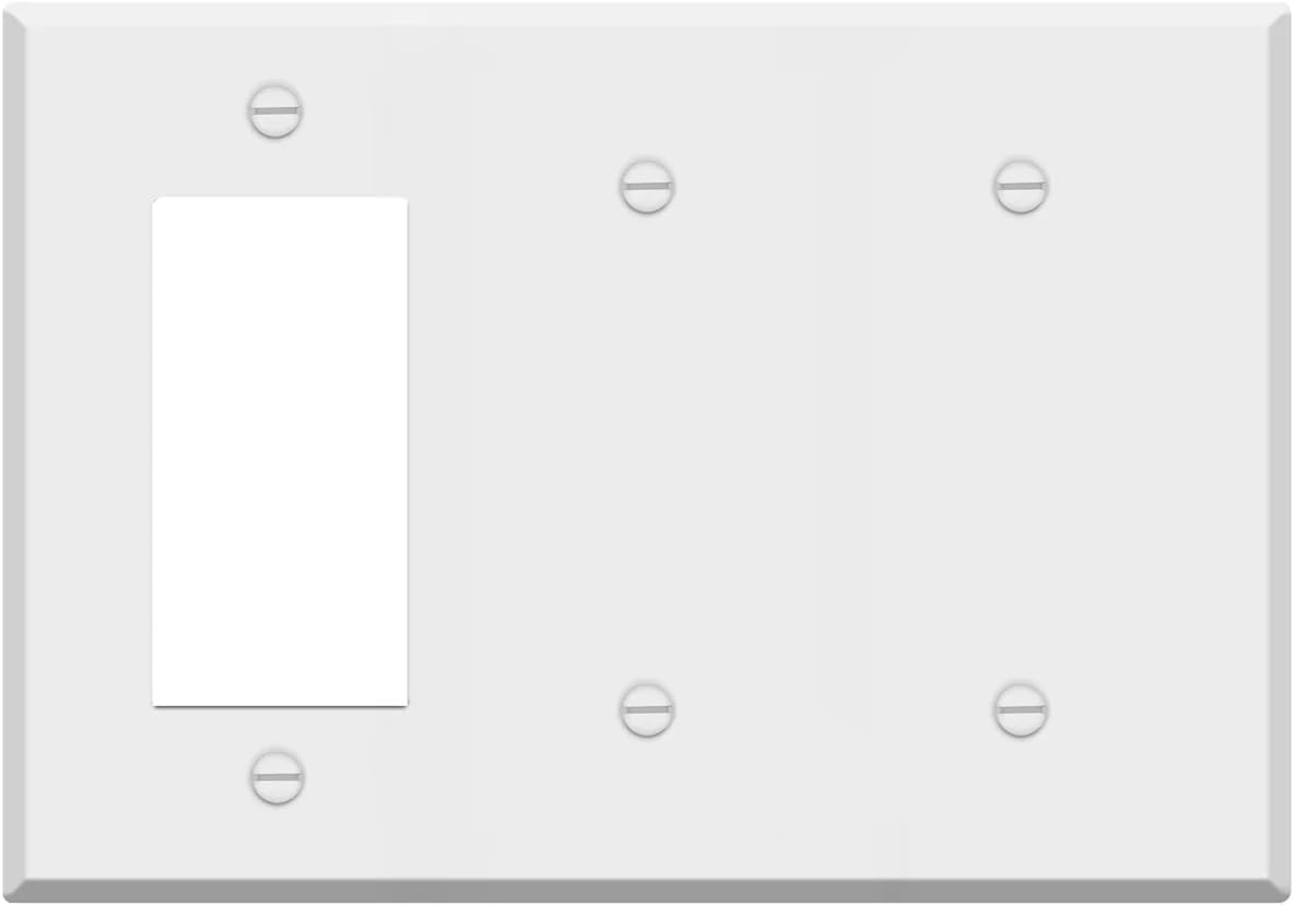 3-Gang Metal Wall Plate – 1 GFCI Rocker + 2 Blank – White Semi-Gloss – Made in the USA