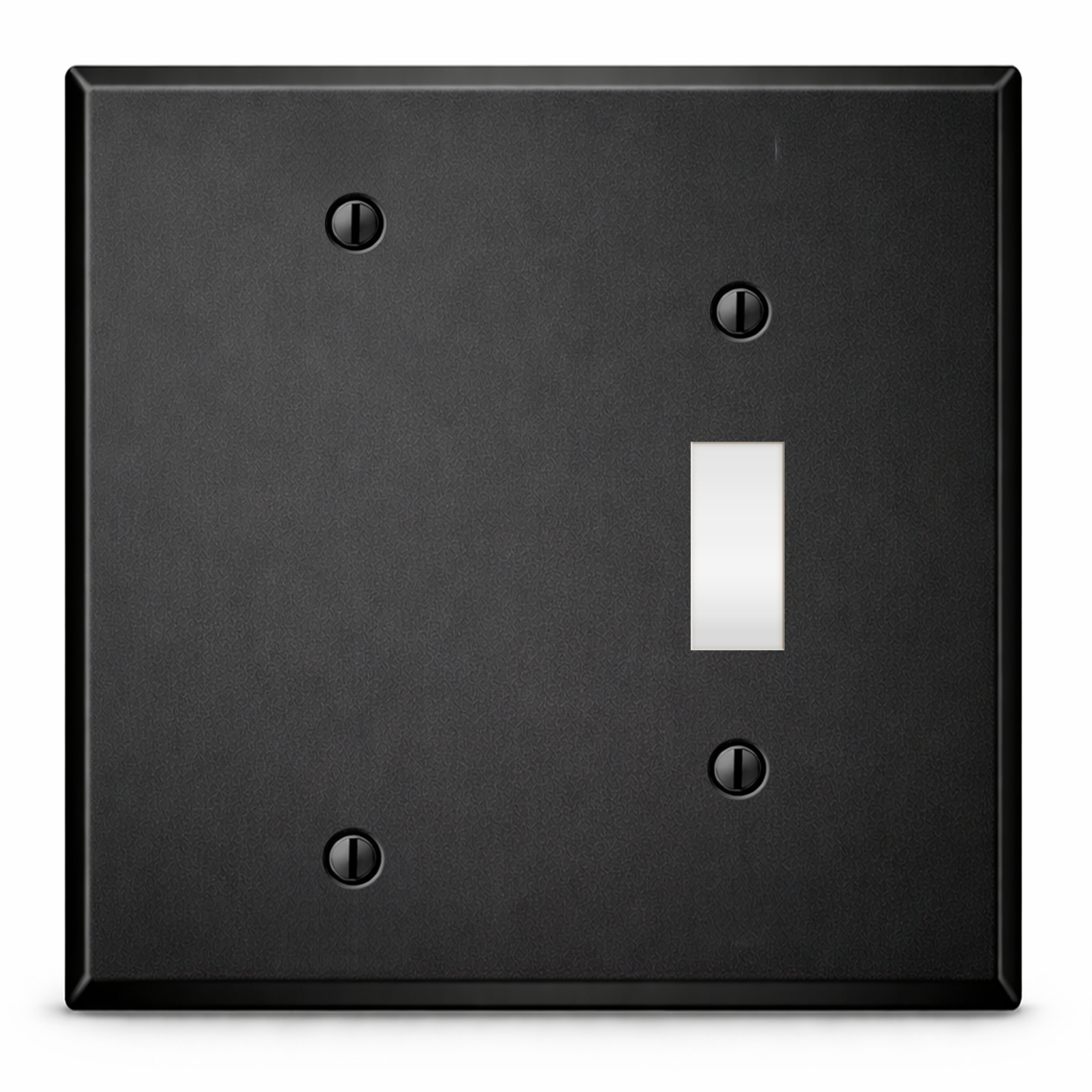 2 Gang with one toggle and one blank, standard size, Black painted metal wallplate